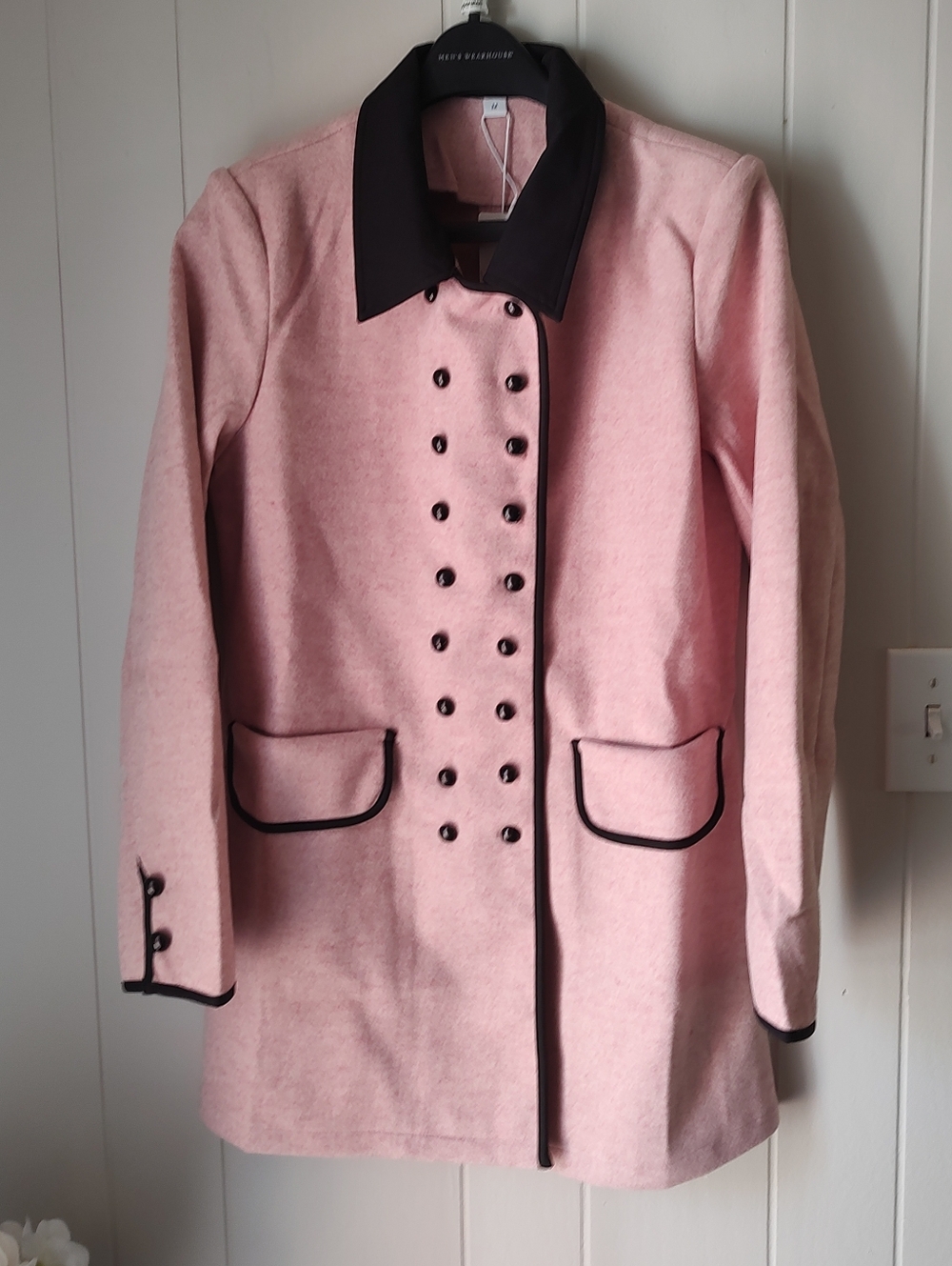 Double-Breasted Pink Coat with Black Trim Size Medium